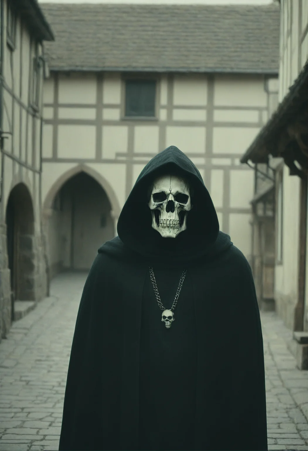 cinematic still of a person wearing a dark cloak, skull head, in a medieval town