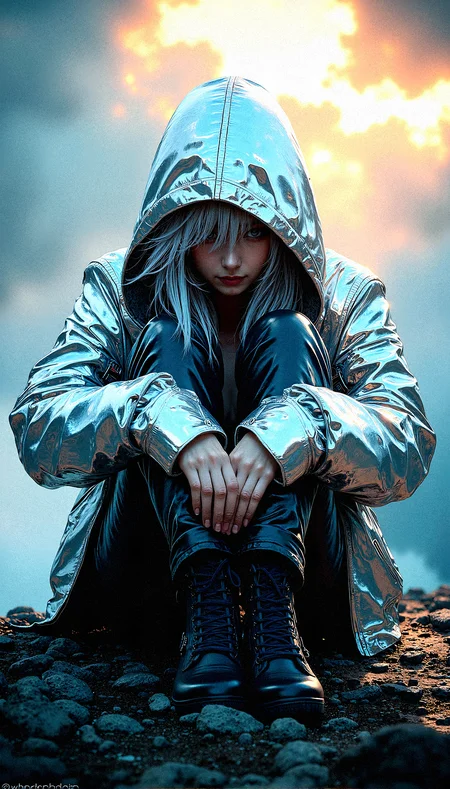 A mysterious beauty is the focal point of this intricate digital artwork, her shining silver hair barely visible beneath a hooded jacket. The jacket is made of a reflective, almost metallic material that catches and refracts light in complex ways, creating a visually stunning texture. The figure’s eyes are hidden in the shadows of the hood, adding to the air of mystery and intrigue. The background features a dramatic, on a cold mountain summit, cloud-filled sky, rich with vibrant colors and swirling patterns, as if nature itself is in turmoil or transition. The lighting is intense, with beams of light cutting through the clouds, casting dynamic shadows across the figure’s face and clothing. The overall composition is highly complex, with rich, saturated colors and extreme detail, making every element—from the texture of the jacket to the vibrant sky—stand out with striking clarity and depth.
Sitting on the ground with knees drawn up and hands resting on them.