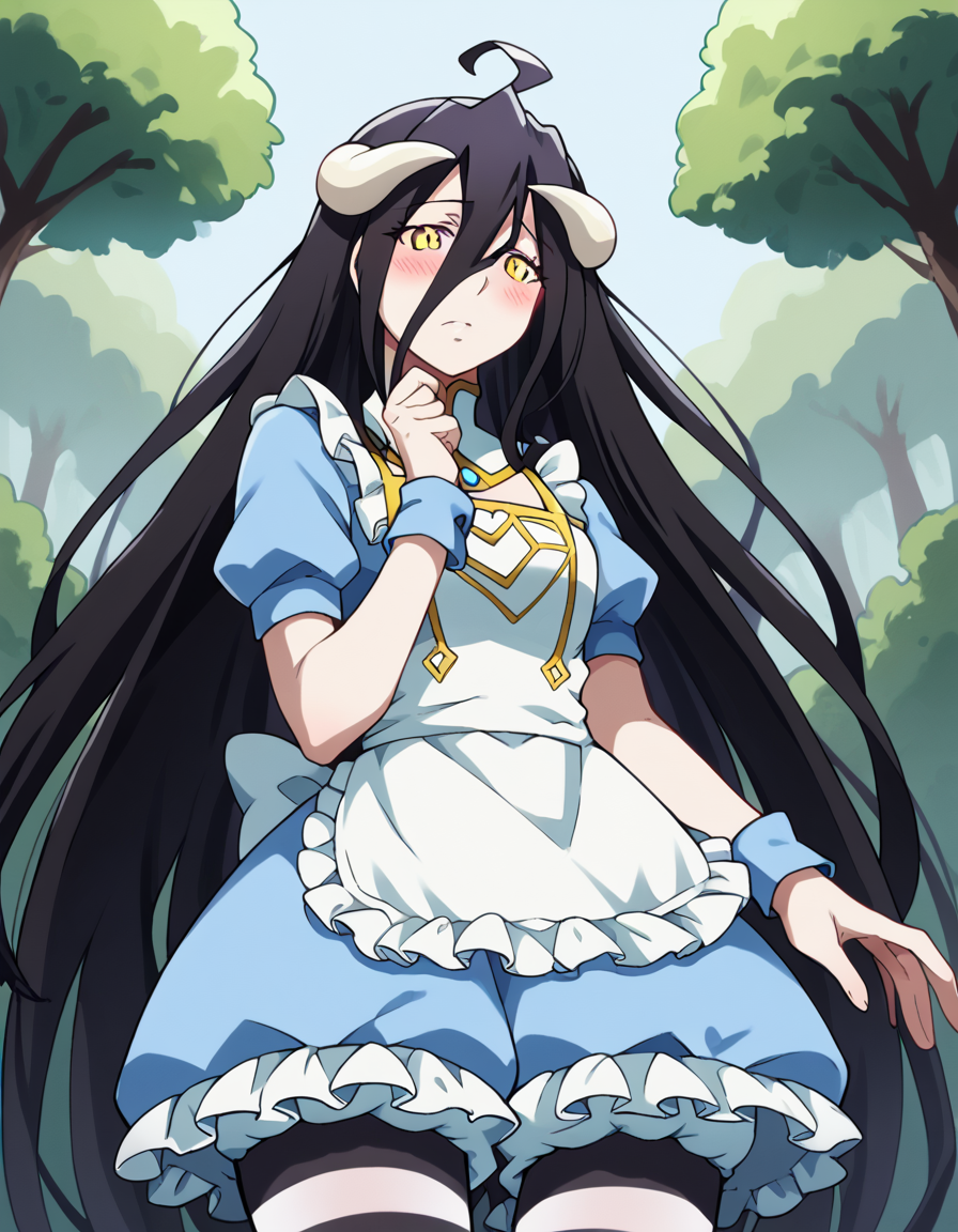 score_9, score_8_up, score_7_up, source_anime, overlordalbedo, <lora:overlord-albedo-s1s2-ponyxl-lora-nochekaiser:1>, albedo, ahoge, black hair, horns, long hair, yellow eyes,, <lora:alice-cosplay-ponyxl-lora-nochekaiser:1>, alicecosplay alice \(alice in wonderland\) \(cosplay\), apron, black pantyhose, bloomers, blue dress, bow, dress, frilled apron, frilled dress, frills, puffy short sleeves, puffy sleeves, striped clothes, striped pantyhose, white apron, white bloomers, white pantyhose, wrist cuffs,, landscape, forest, blush,, cowboy shot, dutch angle, solo,