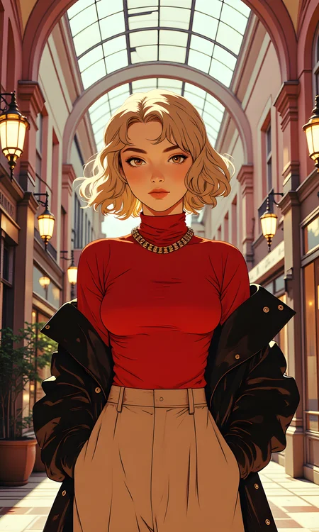 The image features a woman standing in an elegant, arched glass-covered walkway. She has short, blonde hair styled in a bob cut and is wearing a red, form-fitting top with a high neckline. Over the top, she has a black leather jacket draped over her shoulders, giving her a stylish and edgy look. Her outfit is completed with beige pants and a gold chain necklace that adds a touch of sophistication.
The camera appears to be positioned at eye level, capturing the subject from a frontal perspective. The lighting is soft and diffused, likely from the natural light filtering through the glass ceiling and the warm glow of the hanging lamps. The light creates a gentle contrast between the subject and the background, highlighting her features and clothing.
The background consists of a series of arches and glass panels, creating a sense of depth and symmetry. The walkway is lined with shops and buildings on either side, their facades painted in muted tones of pink and beige. The floor is tiled in a geometric pattern, adding to the overall aesthetic of the scene. The hanging lamps provide additional illumination, casting a warm and inviting glow.
The composition centers the woman in the frame, with the lines of the arches and the walkway leading the viewer's eye towards her. The use of depth of field blurs the background slightly, isolating the subject and enhancing the focus on her. The overall effect is one of elegance and style, capturing a moment of quiet confidence in an urban setting.
BREAK anime, d13s3lp2nk, bboil artist style, OBdonman, Anime art, <lora:FLUX\Anime Art V3:0.2>, <lora:FLUX\Synesthesia:0.2>, <lora:FLUX\RetroAnimeS1.1:0.5>, <lora:FLUX\Flux-jijia:0.1>, <lora:FLUX\It's a LoRA for portraits, BUT! actually specialized in backgrounds. v1.0:0.1>, <lora:FLUX\GLSHS:0.2>, <lora:FLUX\Dieselpunk Delight - s0_9 g4:0.4>, <lora:FLUX\OBdonman, anime0style portrait:0.1>
