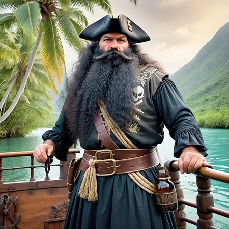 powerbeard, pirate captain, 17th century, long black wig, tall, burly, black hair, hairy arms, cutlass in scabbard, galleon, standing in bow of ship, main deck in midground, skull and crossbones flag, jolly roger, rigging, rope coil, half full antique rum bottles, tropical  river inlet, aqua water, sun reflections on water, late afternoon, palm trees, lush vegetation, distant mountains, detailed background, shadows<lora:Power_Beards:1> OverallDetail