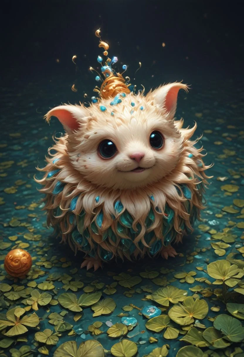score_9, score_8_up, score_7_up, (cute furry water creature with large detailed eyes:1.3), Ethereal glow, Fairy tale, Abstract patterns, Smooth contours, Artistic abstraction, Verdant foliage, tropical backdrop, Magical realism, realistic detail, overalldetail, Masterpiece, absurdres, highres, flawless, high quality, epic intricate detail, (from above:1.3)