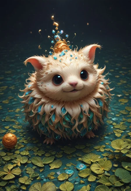 score_9, score_8_up, score_7_up, (cute furry water creature with large detailed eyes:1.3), Ethereal glow, Fairy tale, Abstract patterns, Smooth contours, Artistic abstraction, Verdant foliage, tropical backdrop, Magical realism, realistic detail, overalldetail, Masterpiece, absurdres, highres, flawless, high quality, epic intricate detail, (from above:1.3)