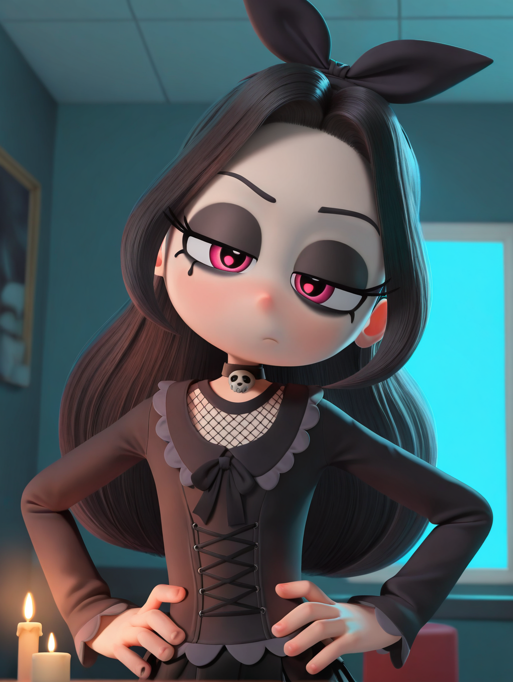 Red_Rub, 1girl, solo, pink eyes, Goth girl, black bow, black headband, black  eyeshadow, black makeup, black, black_hair, Pale white skin, Choker, black leather corset top, Mesh shirt, black long-sleeve Top, black ruffle Skirt, black knee-high Boots,  (Bored,dutch angle, Hands on hips,naughty pose, looking at viewer, indoors, Dark room, candle, blue light, skull, dynamic pose, upper body, head tilt,)