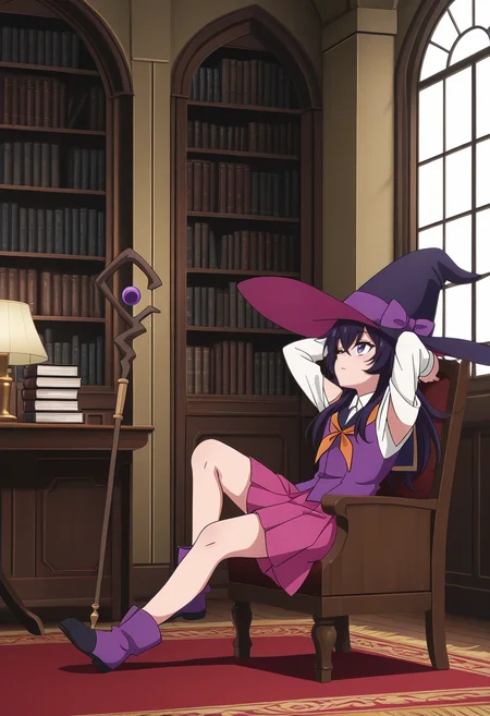 Smooth Quality,masterpiece,very intricate, high quality details, ultra realistic, high detailed skin,detailed enviorement,
library, bookshelves, table, chair, lamp, carpet, window, silence,,
from side,
reclining, arms folded behind head, one knee bent, looking up, peaceful mood, ,=^=,
<lora:Belano_Cinabrio:0.8> belano/cnn, 1girl, purple eyes, hair between eyes, purple hair, witch hat,pink pleated skirt, staff, school uniform, shoulder cutout, long hair,