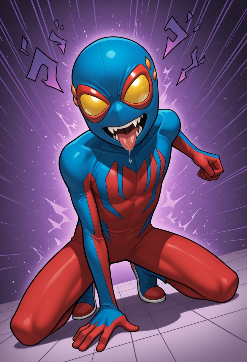 1boy, male focus, cute boy, BaileyBriggs, Mask, Yellow Eyes, Spiderboy Costume, Two-tone Bodysuit, Red Bodysuit, Blue Bodysuit, fangs, tongue, saliva, menacing, cinematic, intricately detailed illustration, depth of field, masterpiece, best quality, amazing quality, very aesthetic, absurdres, newest, very awa, shadow, dynamic angle, casual cosplay, dynamic pose,  action pose,