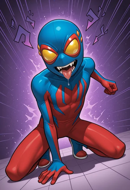1boy, male focus, cute boy, BaileyBriggs, Mask, Yellow Eyes, Spiderboy Costume, Two-tone Bodysuit, Red Bodysuit, Blue Bodysuit, fangs, tongue, saliva, menacing, cinematic, intricately detailed illustration, depth of field, masterpiece, best quality, amazing quality, very aesthetic, absurdres, newest, very awa, shadow, dynamic angle, casual cosplay, dynamic pose, action pose,