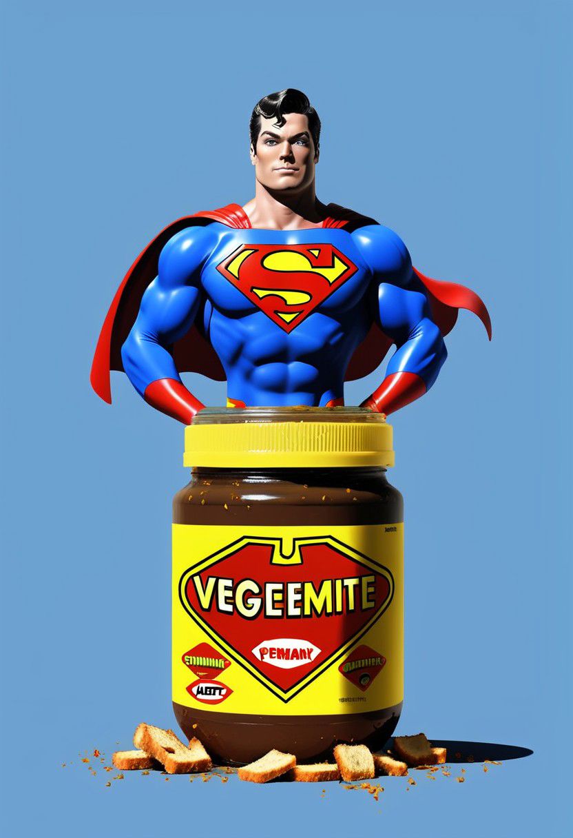 VegemiteArt, Superman standing in a vegemite jar, comic book art, digital art