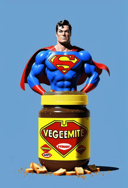 VegemiteArt, Superman standing in a vegemite jar, comic book art, digital art