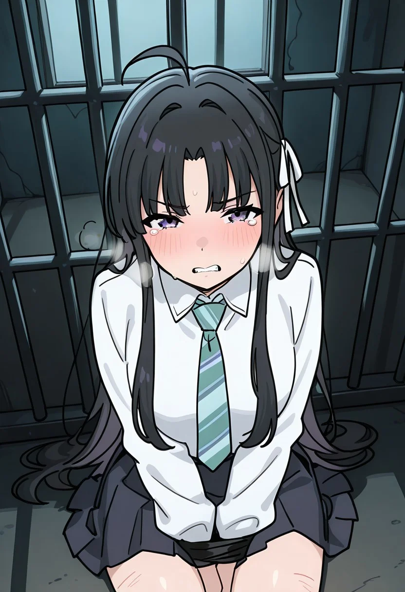 masterpiece, best quality, newest, solo, anime screencap, <lora:SUBARU_AWA_ilxl_v1.1:1>, subaru_awa,hair ribbon, white ribbon, ahoge, perfect eyes, half closed eyes, breast, shiny skin, school uniform, white shirt, collared shirt,striped necktie,long sleeves,pleated skirt, expressive, tears, blush, embarrassed, scared, looking at viewer, bound wrists, on ground, sitting, against wall, prison, tied up \(nonsexual\), arms folded, bound wrists, scratches, exhausted, clenched teeth, heavy breathing, exhausted, from above, dynamic view, dark room, perfect anatomy
