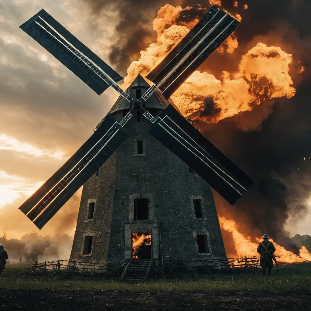 UHD, 4k, ultra detailed, cinematic, a photograph of <lora:Battlefield ww1 style:1>
a windmill is on fire in a field battlefield ww1 style,outdoors,sky,cloud,military,no humans,ocean,cloudy sky,fire,scenery,smoke,rain,turret,military vehicle,flag,watercraft,ship,world war ii,warship , war, war zone, battle, warrior, soldier, dark themed, cinematic, film look, world war 1, first world war, ww1, military, dramatic light, epic, beautiful lighting, inpsiring