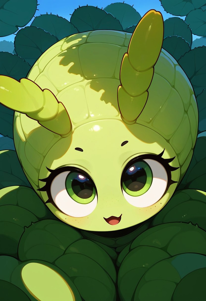 score_9, score_8_up, score_7_up, score_6_up, score_5_up, score_4_up, Expressiveh, (feral insect girl, feral caterpillar girl:1.2), full body shot, rearing up, perky breasts, green caterpillar, open mouth, cute, petite, (arms down at sides), single orange horn, (two-pronged horn), green body, leaves, looking at viewer, ((crawling, slithering, many legs:1.2), big eyes, big bulbous head, long body, centipede legs:1.3), outdoors, blue sky, sunny day, black stripes, dutch angle, diagonal view