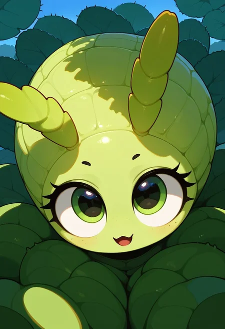 score_9, score_8_up, score_7_up, score_6_up, score_5_up, score_4_up, Expressiveh, (feral insect girl, feral caterpillar girl:1.2), full body shot, rearing up, perky breasts, green caterpillar, open mouth, cute, petite, (arms down at sides), single orange horn, (two-pronged horn), green body, leaves, looking at viewer, ((crawling, slithering, many legs:1.2), big eyes, big bulbous head, long body, centipede legs:1.3), outdoors, blue sky, sunny day, black stripes, dutch angle, diagonal view