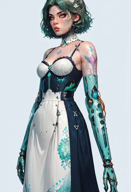 score_9,score_8_up,score_7_up,score_6_up,score_5_up,score_4_up,1 girl,solo,female focus,looking at the spectator,(Diamond-shaped face, blue-green eyes, plump lips, medium-length layered brown hair, 5'6", 123 lbs, medium breasts, narrow waist, slender figure, a constellation tattoo on the ribcage, ivory skin, prominent cheekbones, and a small scar above the right eyebrow.:1.3),(A lavender lace bra paired with a white puffy mini skirt, and finished with soft lavender high heels on a platform, with intricate lace patterns and a skirt made of premium chiffon, creating a delicate and elegant ensemble.:1.3),(plain contrasting background:1.3),(full-length:1.5),hands,Perfect hand,Perfect feet,Perfect eyes,cyb0rg,science fiction,cable,mechanical parts,<lora:feet v3:1>,<lora:hand 4:1>,<lora:PerfectEyesXL:1>,zPDXL2,zPDXLpg,<lora:cyb0rgXLP:0.8>,<lora:add-detail-xl:1>,<lora:DP-Pony:1>,p33rs,<lora:incase-ilff-v3-4:0.2>,