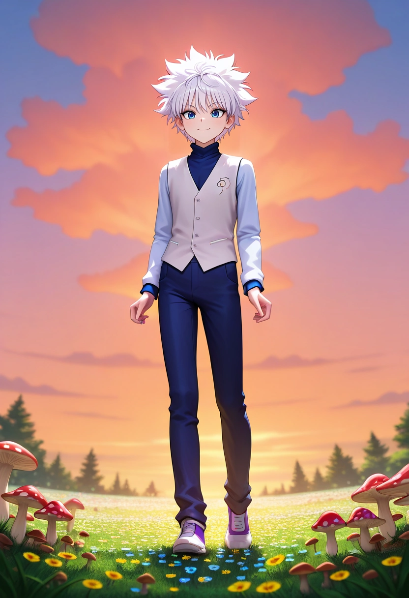 masterpiece, best quality, intricate details, (3d:0.4), , , 1boy, solo, male focus, <lora:killua_zoldyck_ilxl:0.96>, killua_zoldyck, white hair, blue eyes, short hair, spiked hair, bangs, messy hair, fairy market, mushroom stalls, light wares, flower paths, shopping pose, delighted expression, twilight, waistcoat,