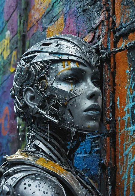 (Soft Lighting Photography by Mimoza Veliu and Mario Giacomelli:1.2), SFW, (masterpiece:1.2), (Photo of a cinematic shot of a weathered female cyborg, their back pressed against a graffiti-covered wall in a neon-soaked alleyway, Raindrops trickle down their metallic face reflecting the kaleidoscope of colors from flickering signs, Harsh shadows and bursts of light highlighting the intricate circuitry and worn details, metal and grime:1.1), (art by Don Bluth:1.4), (hyperdetailed:1.1), (intricate details:1.0), (Refined details:1.1), (best quality:1.1), (high resolution:1.2), <lora:TWbabeXL01:0.4>
 (8k uhd:1,4)
 <lora:add-detail-xl:1>
 <lora:Dynamic Poses:1>