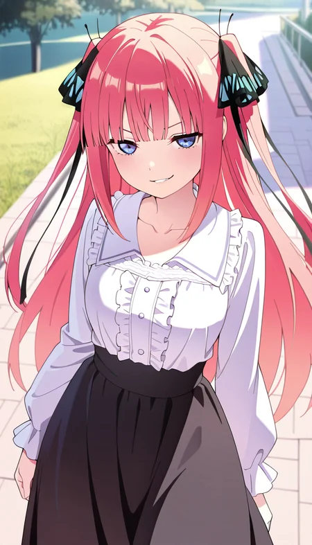 masterpiece, best quality, very aesthetic, absurdres,
solo, 1girl,
nino, long hair,bangs, blue eyes, hair ornament, hair ribbon, pink hair, blunt bangs, two side up, butterfly hair ornament,
smirk,
collared blouse, white blouse, long sleeves, frills, long skirt, black skirt, collarbone,
outside,