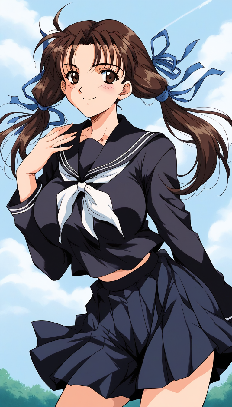 score_9, score_8_up, score_7_up, source_anime, rating_explicit, BREAK  <lora:Minegishi_Kyouko_XL:0.8> Minegishi_Kyouko, brown hair, brown eyes, large breasts, long hair, twintails, hair ribbon, blue ribbon,
 1girl, solo,  school uniform, black skirt, blush, black serafuku,  long sleeves,  smile, 
grassland, outdoor, day,
 1990s (style),