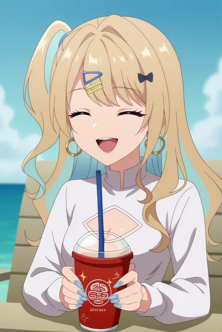 score_9, score_8_up, score_7_up, anime screencap,source_anime, anime coloring,anime screencap, consistent background, 1girl, shirakawa luna, solo, hair ornament blonde hair, hair clip, multicolored eyes, breasts, clothing cutout, closed eyes,leavage cutout, multicolored hair, cup, hairclip, hair ornament,smile, holding,open mouth, disposable cup, blue nails, holding cup, jewelry, medium breasts, ^_^, earrings, colored inner hair, bow, solo focus, drinking straw, shirt, one side up, sitting, long sleeves <lora:Shirakawa Luna_epoch_1.safetensors:0.8>