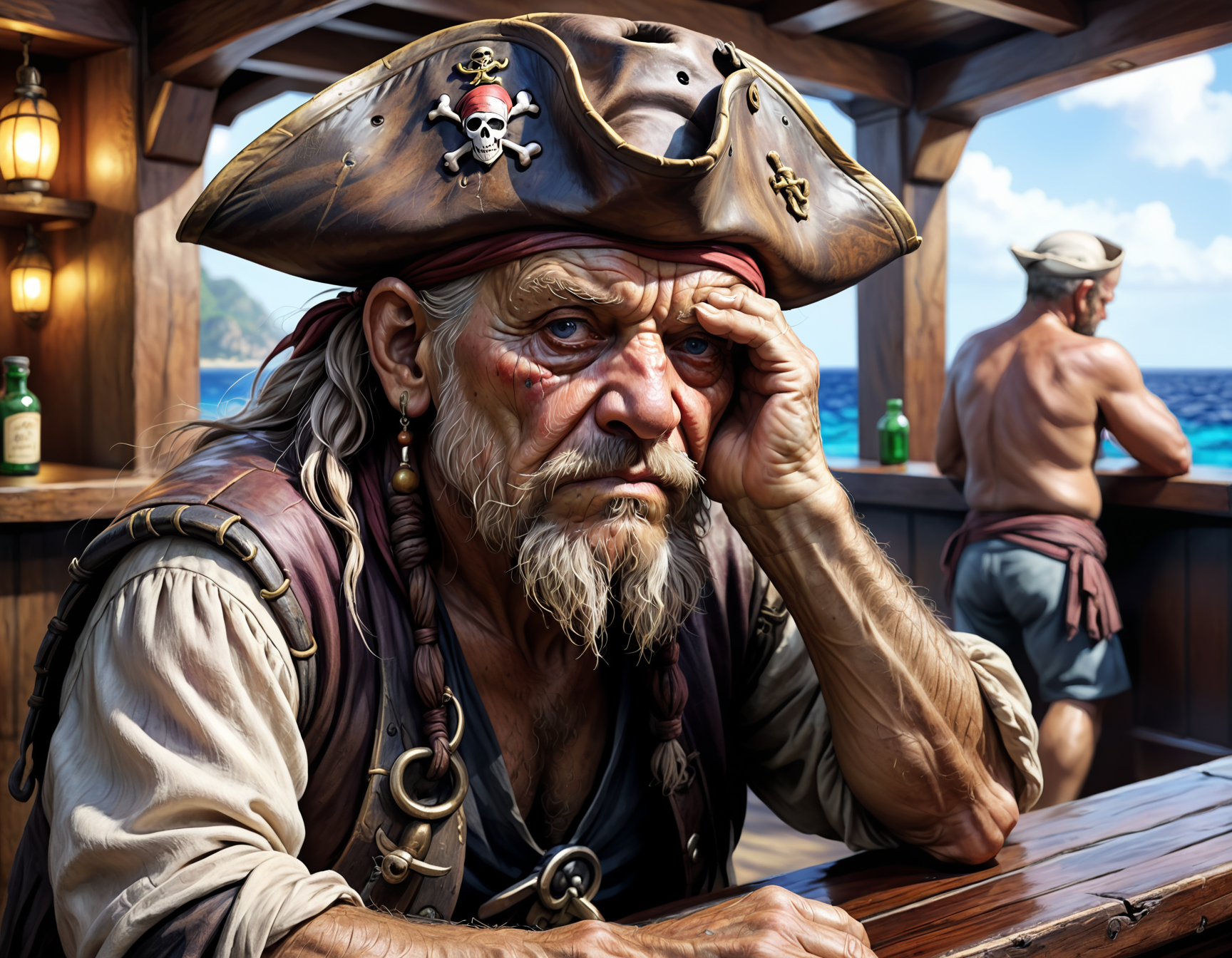 Closeup oil picture drawing of a sad old pirate alone in a bar in Tortuga bay