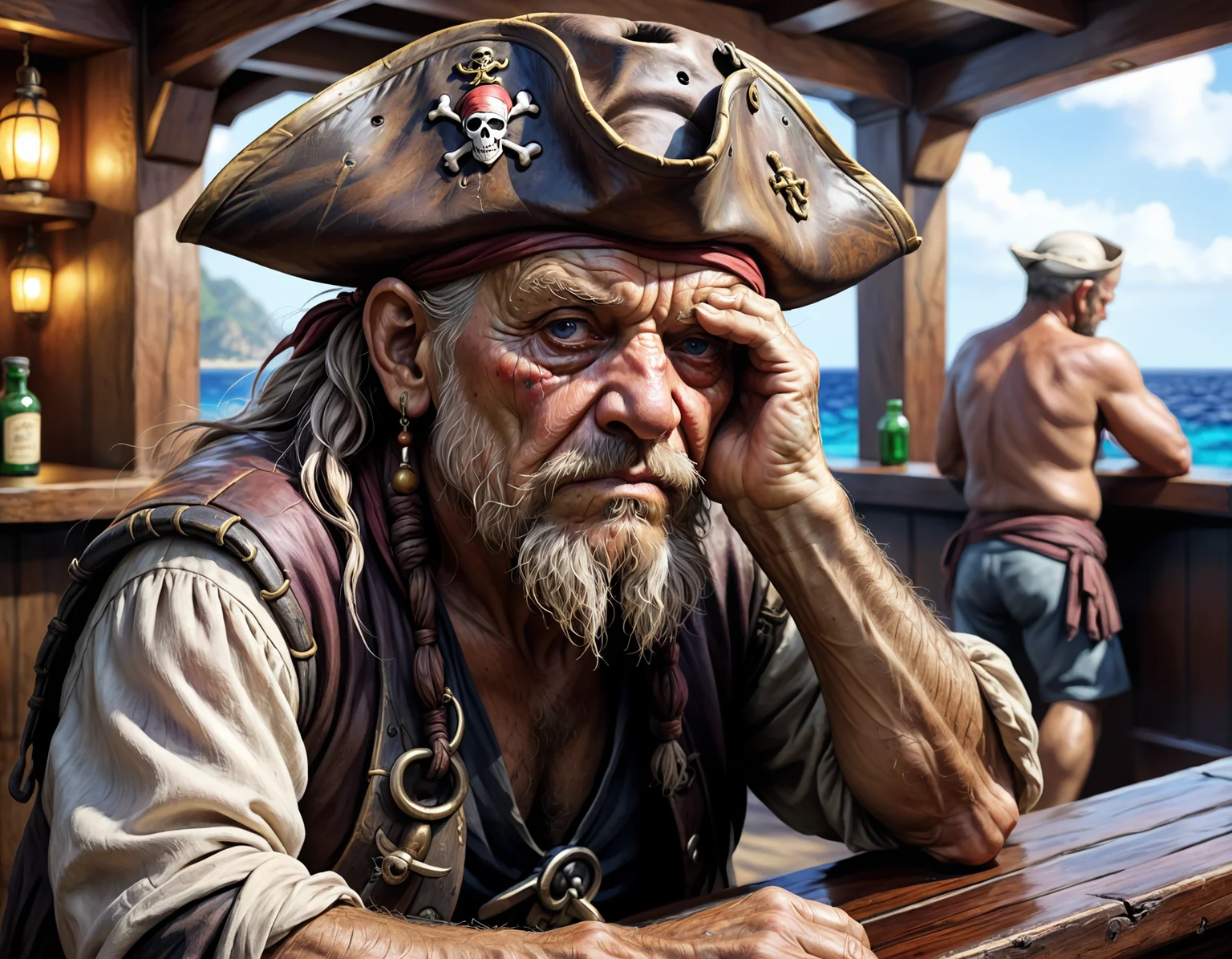 Closeup oil picture drawing of a sad old pirate alone in a bar in Tortuga bay