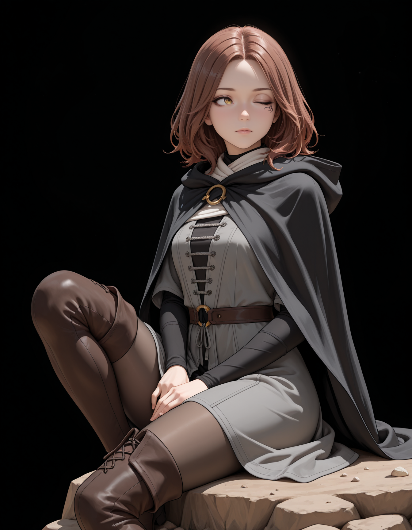 <lora:Melina - Elden Ring (NoobAI):1>
1girl, solo,
m3lina, facial tattoo, brown hair, medium hair, one eye closed, yellow eyes, one-eyed,
hooded cloak, hood down, black cloak, grey dress, pantyhose, thigh boots,
sitting, looking to the side, arm support, rock, dirt, hands on lap, one knee up,, very awa, masterpiece, best quality, highres, absurdres, (simple background, black background:1.1),