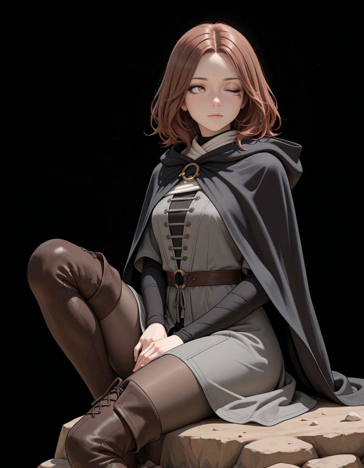 <lora:Melina - Elden Ring (NoobAI):1>
1girl, solo,
m3lina, facial tattoo, brown hair, medium hair, one eye closed, yellow eyes, one-eyed,
hooded cloak, hood down, black cloak, grey dress, pantyhose, thigh boots,
sitting, looking to the side, arm support, rock, dirt, hands on lap, one knee up,, very awa, masterpiece, best quality, highres, absurdres, (simple background, black background:1.1),