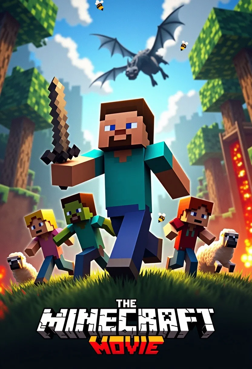 A movie poster for a movie about minecraft, shwoing popular minecraft character like Steve, Alex, creeper, zombie, villager. Steve has a sword in his hand and all the characters are doing an action pose. There is minecraft lava, clouds, birch trees, bees, sheep and a nether portal in the Background. The ender dragon is flying in the sky far away. The title of the movie reads, "THE MINECRAFT MOVIE" with emphasis on the word "THE". "MINECRAFT" is written in the format of minecraft logo