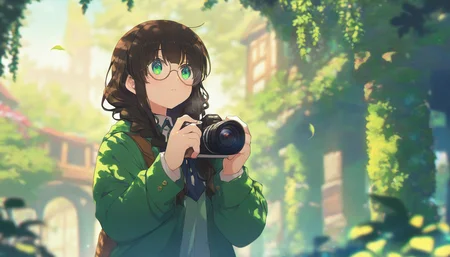 REMEMX,
1girl,(takatsuki ichi),[ogipote],[sy4],solo,glasses,holding,braid,holding camera,outdoors,twin braids,long hair,green eyes,black hair,upper body,long sleeves,closed mouth,green jacket,round eyewear,jacket,brown hair,magnificent_architecture,
(Masterpiece,best quality,astonishing quality,very beautiful,absurd,newest),