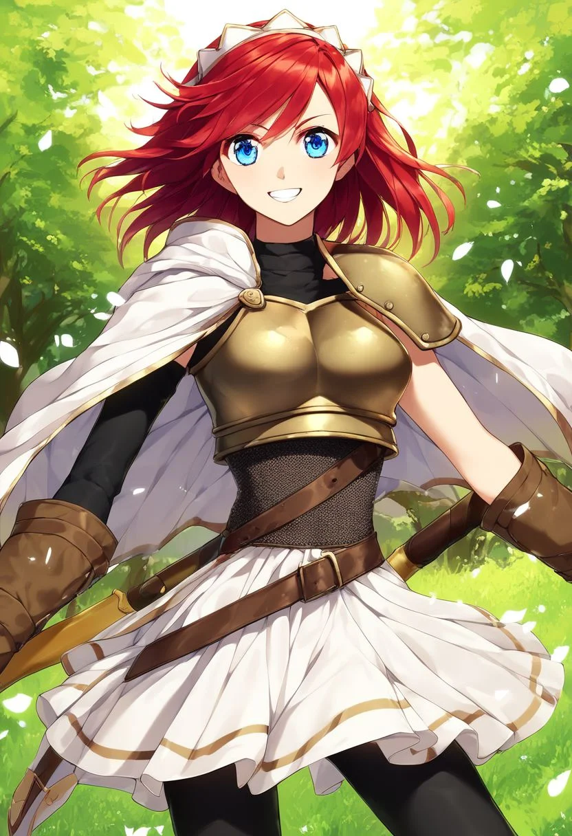 1girl, solo, red hair, red eyes, short hair, headdress, serious, bodysuit, skirt, collar, breast plate, single shoulder pad, elbow gloves, black thighhighs, boots, greaves, standing, outdoors, <lora:Cecily XL:1>, score_9, score_8_up, score_7_up, score_6_up, score_5_up, score_4_up, BREAK source_anime, masterpiece, (masterpiece:1.1), (best quality:1.1), 1girl, Real light and shadow, anime face, 4k, 8k, wallpaper,epic, detail texture, Red hair, (blue eyes:1.5), ((((Red hair:1.35, medium hair)))),intricate eyes,beautiful detailed eyes,symmetrical eyes,big eyes:1.5,detailed body,(detailed face)), cute, erotic,daring, (((medieval armor,adventurer armor,winter coat))),(((intricate outfit,intricate clothes, ushanka, embroidered outfit,ornate outfit,embroidered clothes,ornate armor))), (dynamic pose:1.0),happy,smile,(centered,scale to fit dimensions,Rule of thirds), highres,sharp focus,(ultra detailed,extremely detailed),(((vibrant colors,vibrant theme))),(intricate),(masterpiece),(best quality),ng_deepnegative_v1_75t, easynegative, OverallDetail