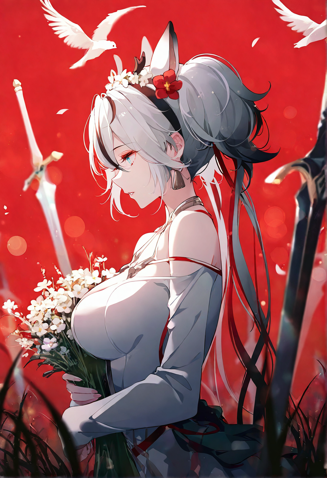 1girl,,camellya \(wuthering waves\),,::, (by kana616:0.8), [(by hen-tie:1.3)|(by kagami_\(galgamesion\):1.2)], (by kinokohime:1.2), (by yatsuha_\(hachiyoh\):0.8), year 2024,,parted lips, looking at animal, upper body, profile, holding, centauroid, holding bouquet,,streaked hair, hair flower, multicolored hair, breasts, hair ornament, hair between eyes, jewelry, twintails, white hair,,animal ears, deer girl, flower wreath, white bird, off-shoulder shirt, shirt, sleeves past wrists, deer ears, off shoulder, head wreath, long sleeves,,blurry background, depth of field, bokeh, planted sword, red background, planted, red theme, bird, grass, flower, very awa, masterpiece, best quality, newest, highres, absurdres