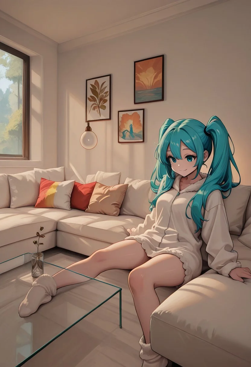 1girl, hatsune miku, loungewear, sitting at sofa, smile,
modernlivingroom, minimalist, colorful pillows, white sofa, glass coffee table, abstract painting, warm sunlight, cozy atmosphere
, detailed background, great lighting,
masterpiece, best quality, newest, absurdres, highres, high quality, highly detailed