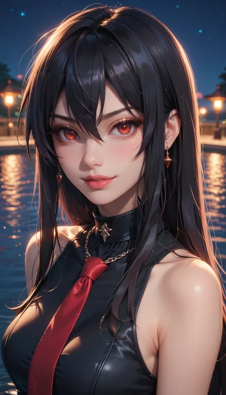 score_9, score_8_up, score_7_up, Portrait, Akame ga Kill!, cute, seductive, innocent, light smile:0.3, plump lips, slender body, very long black hair, red eyes, black dress, sleeveless, detailed white collar, long red tie, ultrahigh resolution textures, bokeh, moonlight passing through hair, night, lake background, 4n1v3rs3, depth of field, dynamic angle, fashion photography, sharp, hyperdetailed:1.15