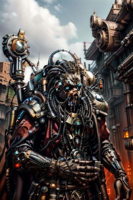 ((masterpiece,best quality)), absurdres, BREAK
mechanical arms, robes, hood, BREAK
((techpriest)), cyborg, mechanical face, mechanical limbs, gas mask, mechanical tentacles, (mechanical backpack), red cloak, BREAK
1other, solo, holding axe, weapon, axe, BREAK
(cyber_africa),