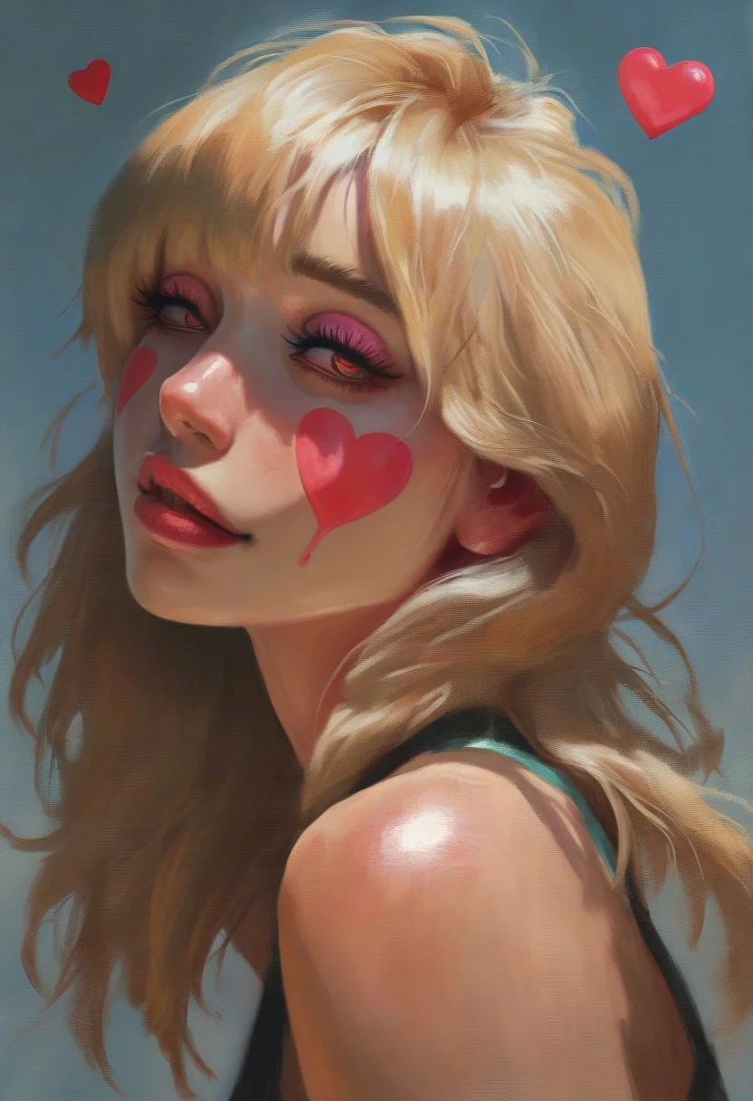 Femmes_ST, masterpiece, best quality, very aesthetic, high resolution, ultra-detailed, absurdres, newest, extremely detailed eyes, Femmes_ST, cute girl,painted face,
masterpiece,best quality,1girl,solo,hearts,
asian woman,
medium length hair,
(blonde hair),
(upper body view),
(side view),