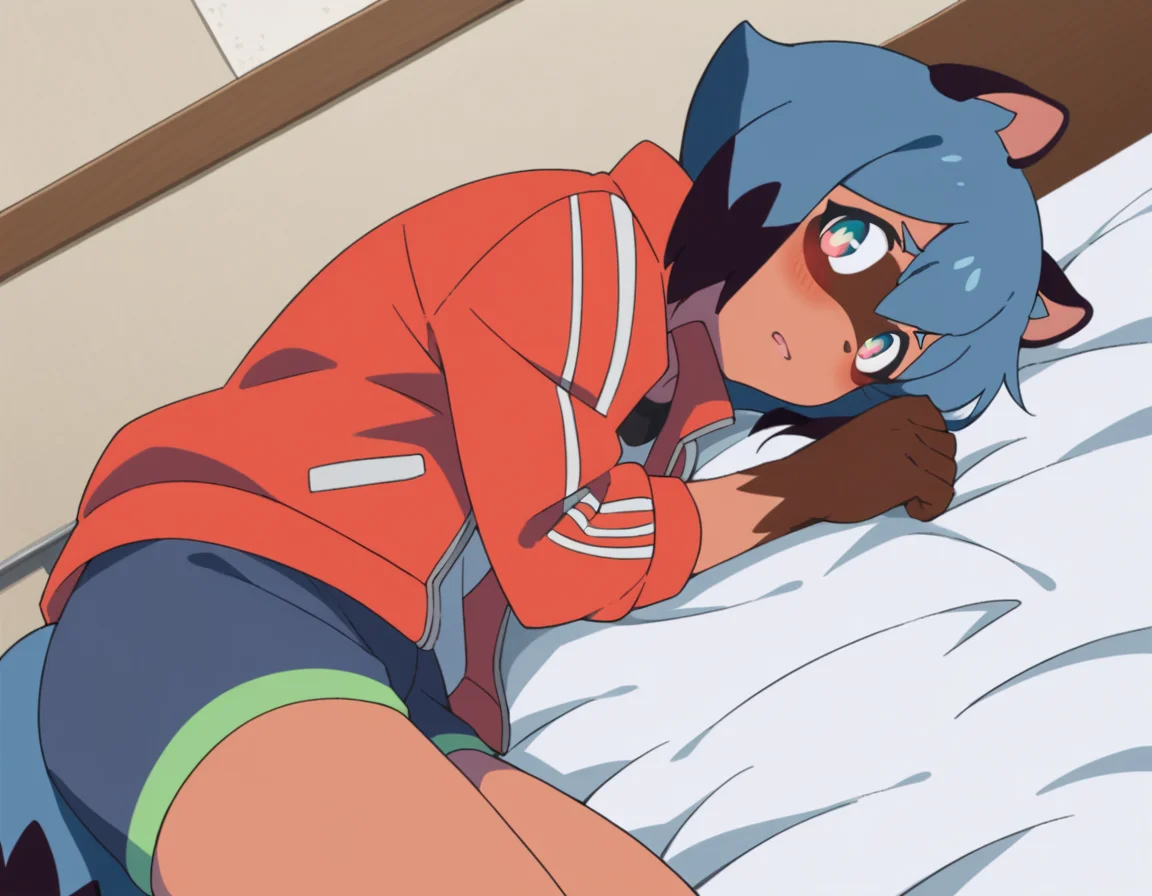 score_9, score_8_up, score_7_up, source_anime,
michirukagemori, <lora:michiru-kagemori-s1-ponyxl-lora-nochekaiser:1>,
michiru kagemori, short hair, black hair, animal ears, blue hair, multicolored hair, furry, furry female, raccoon ears, body fur, raccoon girl,  raccoon tail, tail,
shirt, jacket, white shirt, shorts, red jacket, blue shorts, track jacket,
indoors, bed, bed room, on side, blush, drunk,
solo, dutch angle, looking at viewer, cowboy shot,
