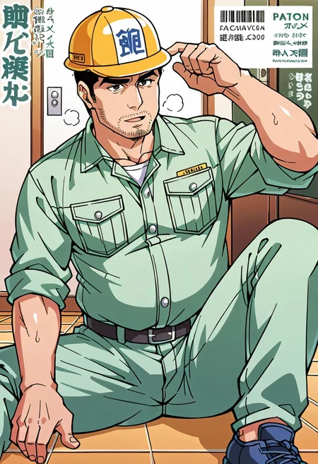 (Aaaild, Aaadjd, manga cover, magazine cover, text) source_anime,  perfect anatomy, perfect proportions, best quality, masterpiece, high_resolution, high quality, (solo focus, male focus, male only, bara, gay, homo, mature, masculine, manly, virile, macho, hunky, rugged, middle-age, daddy, dilf, handsome), alluring, seductive, heroic, serious, grim, stern, unsociability, bluntness, gruffness, naughty face, moaning, dazed, looking away, focusing gaze, BREAK (asian man, dark eyes, black hair, unkept facial hair, stubble, thick beard, chubby, dad bod), BREAK (construction working wear, light-green shirt, yellow helmet, sleeves rolled up, light-green pants), BREAK sitting on floor, lying on back, relaxed pose, leaning slightly, one knee bent upward, legs spread, hand supporting head, contemplative expression, horny, kinky, domination, heavy breathing, enticed, excessively sweaty shiny skin, shading, countershading, indoors, locker room, dark atmosphere,