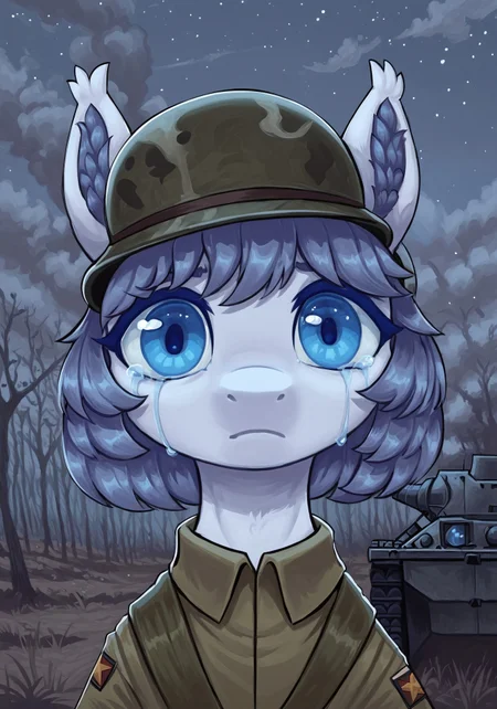 masterpiece, score_9_up, score_8_up, score_7_up, score_6_up, source_pony, (best quality:1.1), ultra-detailed, high resolution, solo, highly detailed macro illustration BREAK 1boy, Armed_Sage, mlp, feral, male, slim, white fur, gray hair, medium hair, fluffy ears, ear fluff, (Beautiful blue eyes:1.3), long eyelashes, (sad expression, cute face:1.3), crying, (big eyes) BREAK (camouflage military uniform:1.2) BREAK ba_chibi, from below, (upper body shot), (close-up), night BREAK mikus-concept, military action in background, exhausted, shocked, looks at viewer BREAK sharp focus, perfect lighting, anatomically correct, extremely detailed, high detail, detailed background, OverallDetail, zPDXL3