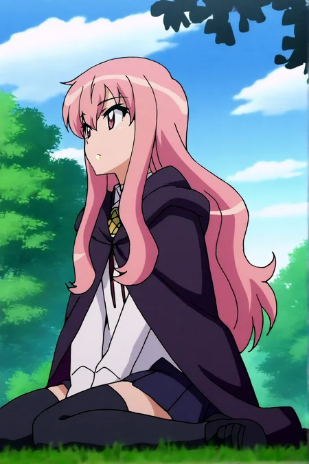 masterpiece, best quality, anime screencap, Louise de La Valliere, Main Outfit, cloud, day, grass, nature, outdoors, sitting, sky, solo, tree, wariza <lora:JN_Louise_de_La_Valliere:0.8>