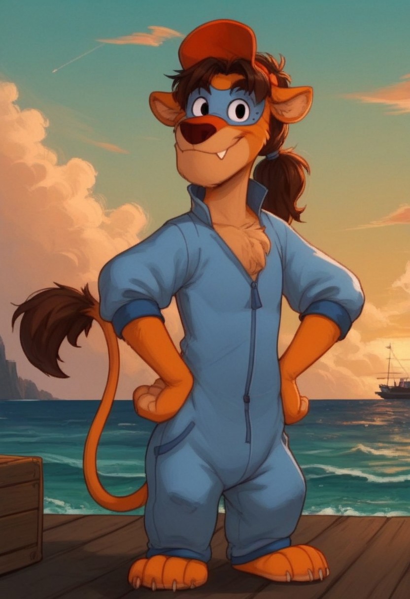 score_7, score_8, score_9, dynamic lighting, detailed background, background is ship dock, dock, (stacked crates), ((ocean)), boats, mountains in distance, ((outdoors)), clouds, sunny, (close up), cowboy shot,
BREAK 
Solo, 1boy, ((anthropomorphic)), furry male, Wildcat, yellow fur, two tone fur, brown hair, hair in ponytail, animal nose, black eyes, slender, animal ears, yellow ears, (yellow tail), feet claws, snaggle tooth, eye mask, fluffy fur, fluffy eyebrows, (fang), chest fur tuft,
BREAK 
standing, looking at viewer, smiling, jumpsuit, hat, hands on hips,