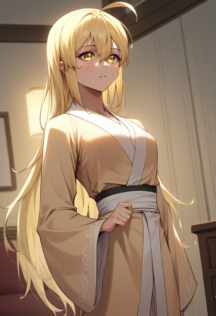 score_9,score_8_up,score_7_up,score_6_up,blurry, blurry background,1girl,wi seolah b,solo,glowing,long hair,blonde hair,hair between eyes,ahoge,yellow eyes,robe,wide sleeves,long sleeves,posing,volumetric light,indoors,living room,cowboy shot, dutch angle
