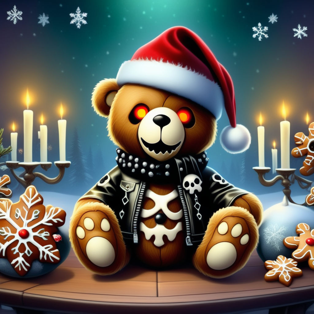 <lora:Christmas-Rockin_teddies_sdxl1.0:1> xmastedx, ethereal fantasy concept art of ultra detailed, ultra horror, dark fantasy, dark painting, Teddy Rocker, a punk-styled teddy bear with button eyes, a patched leather jacket, and a spiked scarf, wearing a santa hat, sits at the head of a long, dark wooden table. The feast before him features twisted holiday foodsâroast beasts with glowing eyes, steaming cauldrons of blood-red punch, and gingerbread men screaming in terror. The room is lit by flickering black candles and adorned with gothic Christmas decorations: snowflakes carved from bone and ornaments shaped like skulls. The camera angle is slightly tilted for a surreal effect, with Teddy leaning forward, his clawed paw reaching for a steaming goblet. Shadows dance eerily across his stitched face as an icy wind howls outside