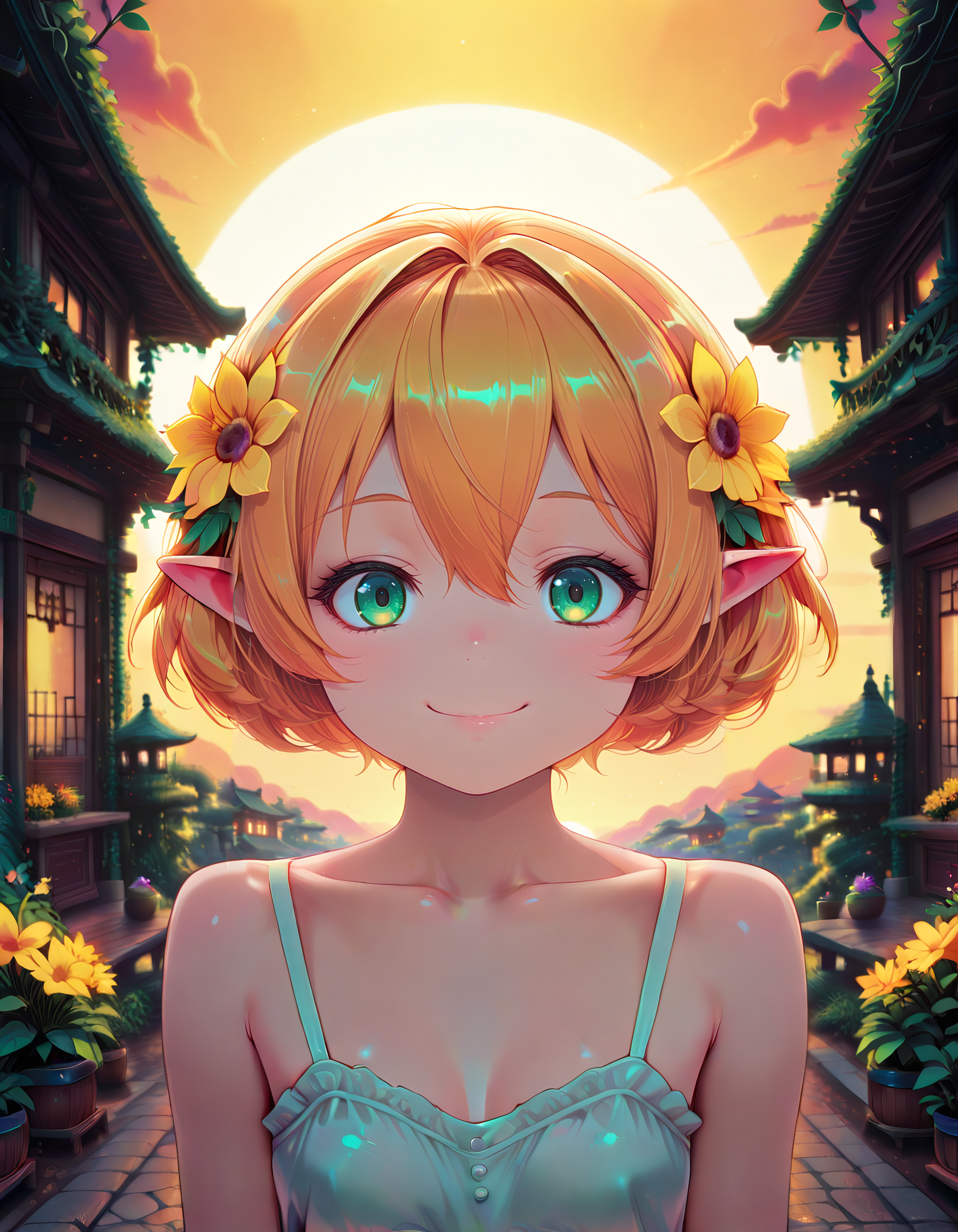 Smooth Quality <lora:michelle_IL:1> michelle, short hair, blonde hair, orange hair, hair flower, pointy ears, elf, green eyes, hair between eyes, yellow flower, aged down, small breasts, completeley nude, 1girl, architecture, blurry, blurry_background, cleavage, closed_mouth, colored_extremities, east_asian_architecture, hand_up, looking_at_viewer, red_hands, smile, solo, upper_body, private_wine_vineyard, rolling_hills, grapevines, rustic_winery, warm_sunset, romantic_atmosphere, inviting_pose, <lora:PinkieNeonAnimeIL:1> pinkneonanime, detailed eyes, detailed face, detailed skin <lora:DetailedEyes_V3:1> <lora:cfg_scale_boost:0.7> <lora:lightingSlider:-1> golden hour (moody lighting:1.3), <lora:Crazy_Btch_-_Psychopath_expression:1> psych0path