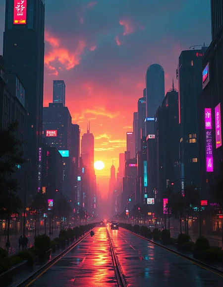 Imagine an image of a futuristic cityscape at sunset, neon lights reflecting off rain-slicked streets.