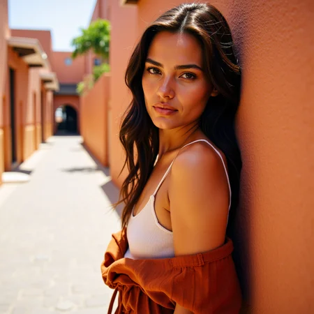 Ultra quality, ultra realistic, ultra detailed skin textures and colors, in a sun-drenched alley in Marrakesh, a striking woman leans casually against a hand-painted ochre wall, wearing a rust-toned linen jumpsuit by Mara Hoffman with the sleeves tied around her waist, revealing a crisp white bandeau. Her skin glows with golden undertones, with a faint sheen of sweat at her collarbones. Her half-body portrait is captured with a Leica SL2-S mounted with a vintage Leica R 90mm Summicron on Portra 800, carefully metered for highlights to retain deep midtone skin detail. Lighting is shaped with a bounce board held low to return warm street light onto her neck and chest, while a black flag behind camera absorbs ambient spill, deepening shadows around her waist. Her expression is relaxed but charged, like sheâs just said something witty off-cameraâreal, grounded, cinematic.
<lora:Detailed Skin&Textures Flux V3:0.7> dsv4