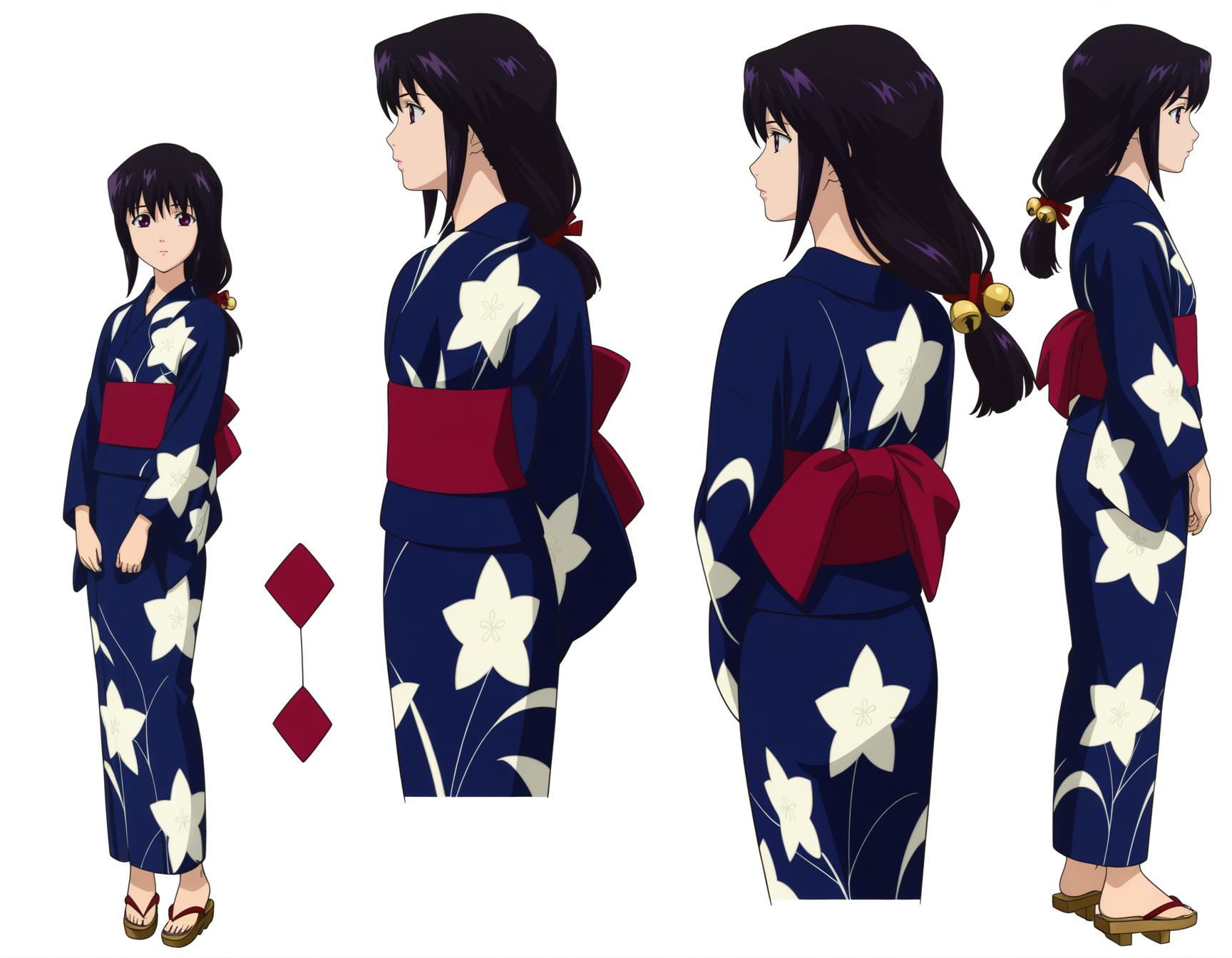 masterpiece, best quality, amazing quality, highres, absurdres, very aesthetic, high resolution, ultra detailed, perfect details,anime coloring, simple background,white background,
(model sheet),
<lora:ILL_YehlShizno_lion_e5:1> yehlkimo, long hair, purple eyes, black hair, hair ornament, long sleeves,  japanese clothes,kimono,sash, bell, profile, obi, low-tied long hair, yukata, hair bell, blue kimono,
floral print, sandals, geta,print kimono,
