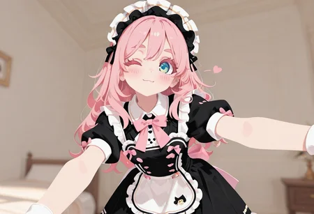 aesthetic, masterpiece, work of art, best quality, best, anime, detailed, score_9, score_8, score_7, Expressiveh, Expressiveh, fabulosity_style, best quality, flat color, no lineart, no outline, blurry background, depth of field, thick eyelashes, maid dress, pink bow, frills, short sleeves, maid headdress, 1 girl, cute, blush, wink, leaning towards viewer