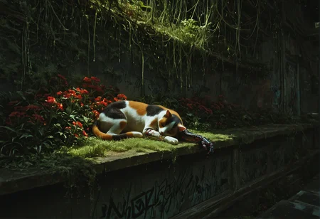 mwv7_alpha_v01,
analog film, light_rays, twilight, sleeping, calico cat, red flowers, moss, arm prosthesis, cyberpunk, graffiti,, masterpiece, best quality, good quality