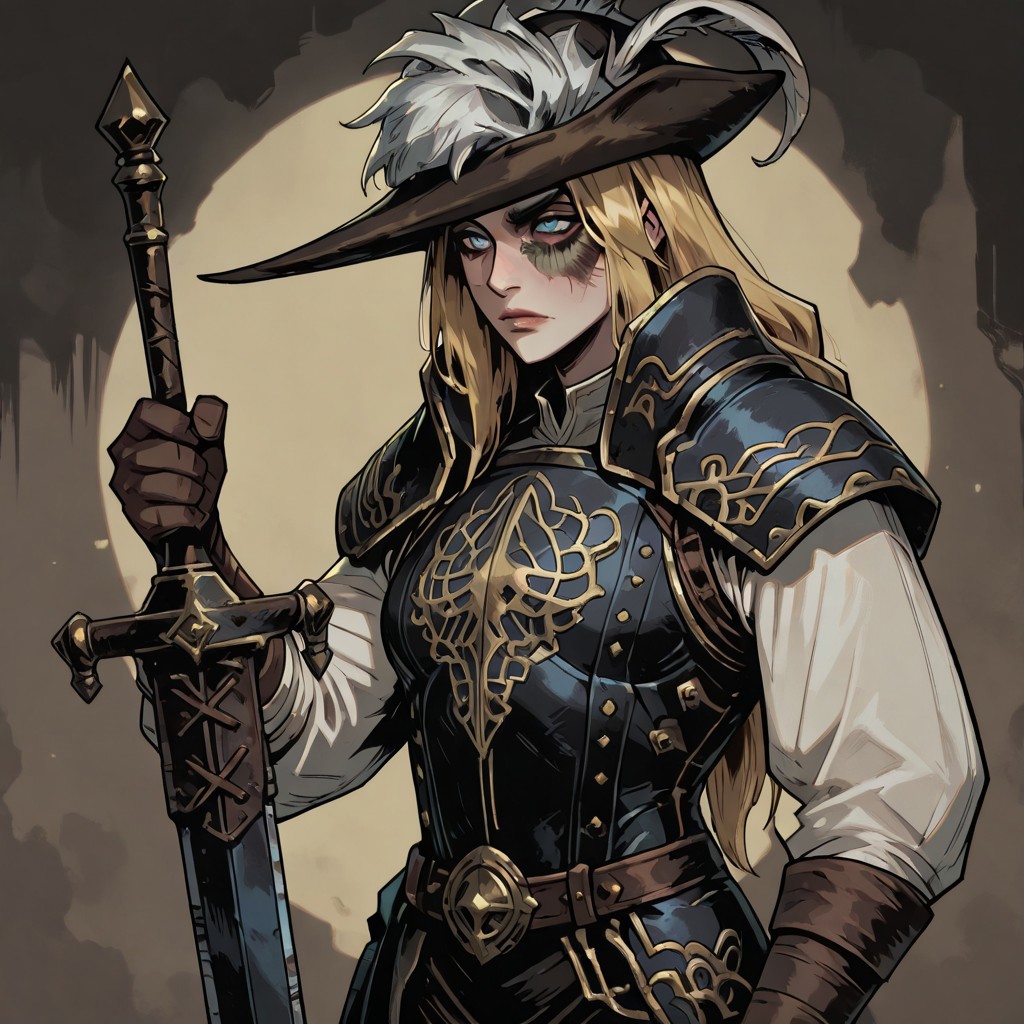 masterpiece, best quality, newest, absurdres, highres, TTCSV1.0,
1girl, DS2Luc-V1.1, blonde, armor, hat, tricorne, brown gloves, long sleeves, hat feather, blue eyes, long hair, DS2Luc-V1.1-hollowing, scar, holding, holding weapon, sword, holding sword,
