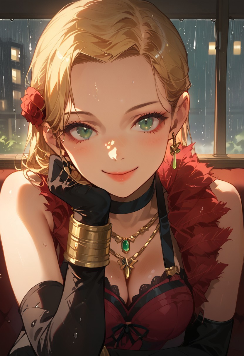 SCORE_9, SCORE_8_UP, SOURCE_ANIME, PORTRAIT, CLOSE UP, FACE FOCUS, SUBTLE SMILE, 1GIRL, SOLO, JESSICA ROSE, BLONDE HAIR, GREEN EYES, CHIGNON, HAIR FLOWER, CHOKER, EARRINGS, FEATHER BOA, COREST, TIERED MINISKIRT, 1ARM CUFF, BRACELETS, ELBOW GLOVES, NECKLACE, BREAK, DARK CITY, RAINING